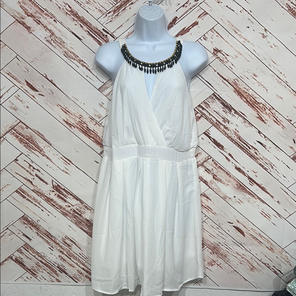 Lovely Day White Mini Dress with Black Beaded Neckline